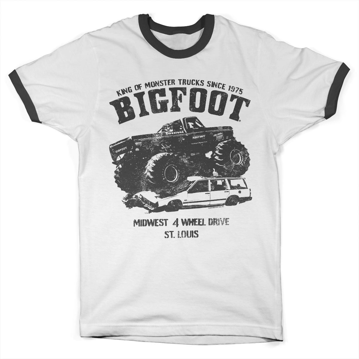 BIGFOOT Monster Car Crush Ringer Tee showcasing Monster Car Crush Ringer Tee design
