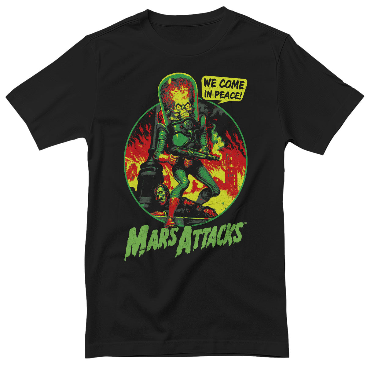 Mars Attacks - We Come In Peace T-Shirt showcasing - We Come In Peace design