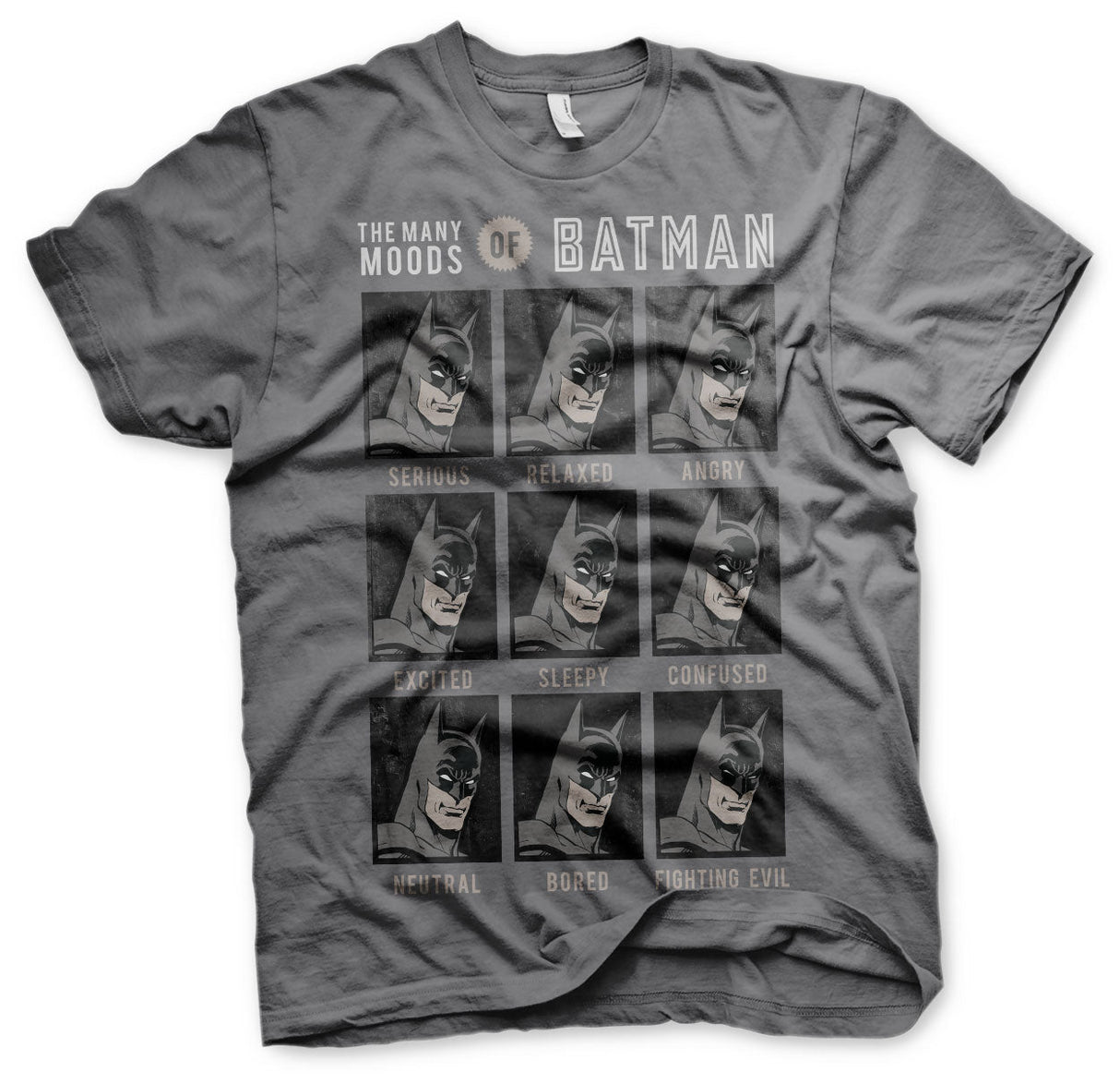 Batman Officially Licensed The Many Moods of Batman Mens T-Shirt (Dark-Grey) showcasing Officially Licensed The Many Moods of Batman Mens T-Shirt (Dark-Grey) design