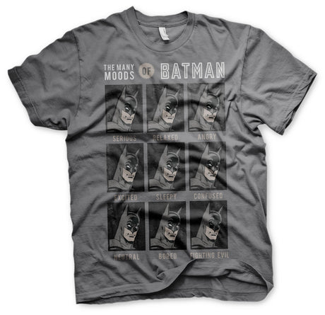 Batman Officially Licensed The Many Moods of Batman Mens T-Shirt (Dark-Grey) showcasing Officially Licensed The Many Moods of Batman Mens T-Shirt (Dark-Grey) design