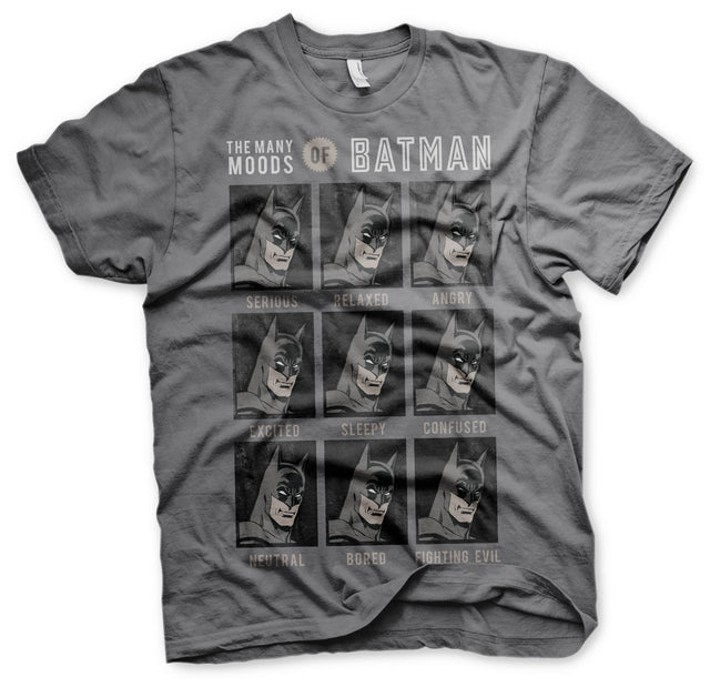 Batman Officially Licensed The Many Moods of Batman Mens T-Shirt (Dark-Grey) showcasing Officially Licensed The Many Moods of Batman Mens T-Shirt (Dark-Grey) design