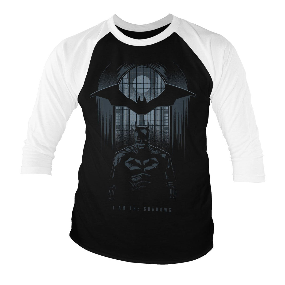 Batman Officially Licensed I Am The Shadows Baseball 3/4 Sleeve T-Shirt showcasing Officially Licensed I Am The Shadows Baseball 3/4 Sleeve design