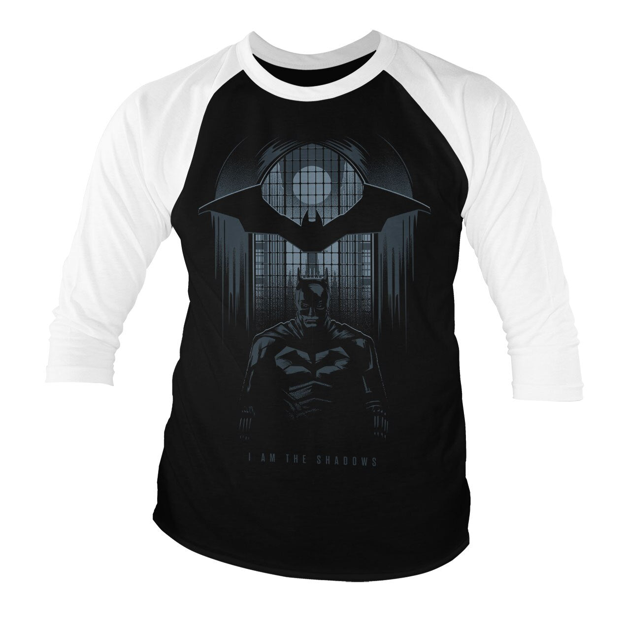 Batman Officially Licensed I Am The Shadows Baseball 3/4 Sleeve T-Shirt showcasing Officially Licensed I Am The Shadows Baseball 3/4 Sleeve design