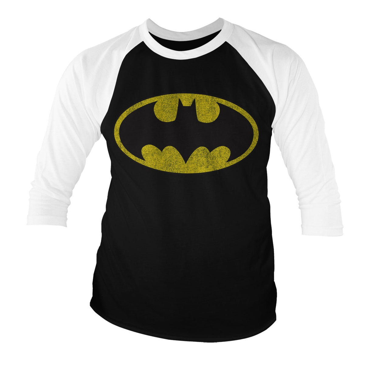 BATMAN Officially Licensed Distressed Logo Baseball 3/4 Sleeve T-Shirt showcasing Officially Licensed Distressed Logo Baseball 3/4 Sleeve design