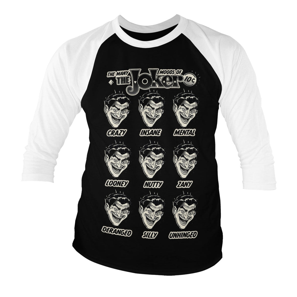 BATMAN Officially Licensed The Many Moods of The Joker Baseball Long Sleeve T-Shirt showcasing Officially Licensed The Many Moods of The Joker Baseball design