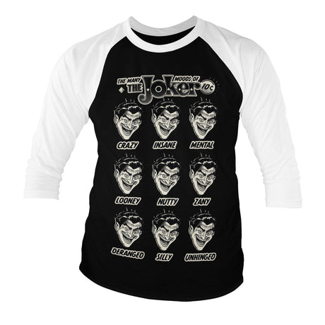 BATMAN Officially Licensed The Many Moods of The Joker Baseball Long Sleeve T-Shirt showcasing Officially Licensed The Many Moods of The Joker Baseball design