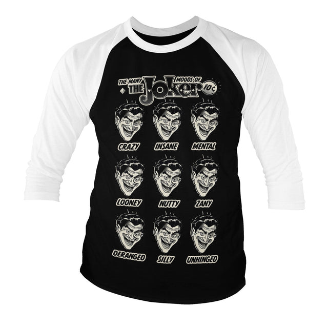 BATMAN Officially Licensed The Many Moods of The Joker Baseball Long Sleeve T-Shirt showcasing Officially Licensed The Many Moods of The Joker Baseball design