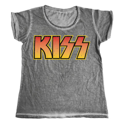 KISS - Distressed Logotype Urban Slim Fit Women T-Shirt (Grey)