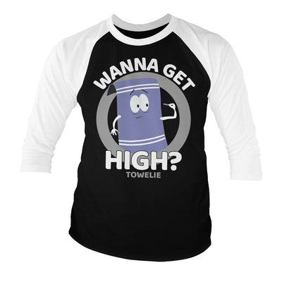 South Park - Towelie - Wanna Get High Baseball 3/4 Sleeve T-Shirt (White-Black)