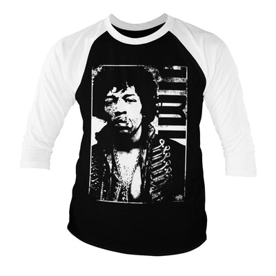 Jimi Hendrix - Distressed Baseball 3/4 Sleeve T-Shirt (White-Black)