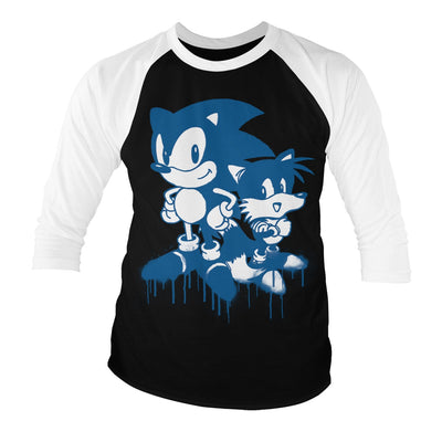 Sonic The Hedgehog - Sonic and Tails Sprayed Baseball 3/4 Sleeve T-Shirt (White-Black)