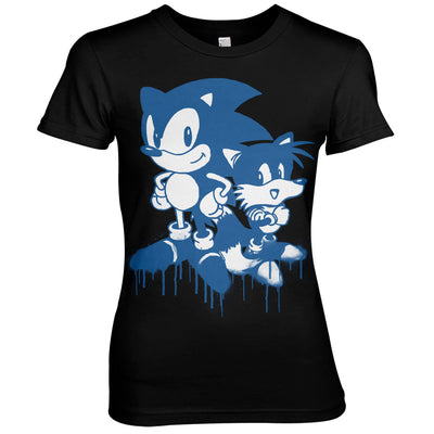 Sonic The Hedgehog - Sonic and Tails Sprayed Women T-Shirt (Black)