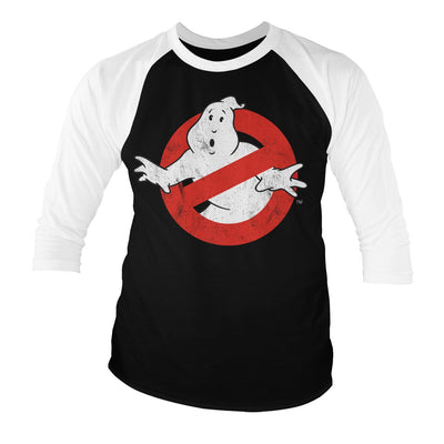 Ghostbusters - Distressed Logo Baseball 3/4 Sleeve T-Shirt (White-Black)