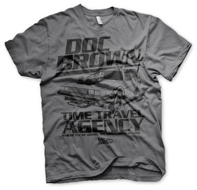 Back To The Future - Doc Brown Time Travel Agency Mens T-Shirt (Dark Grey)