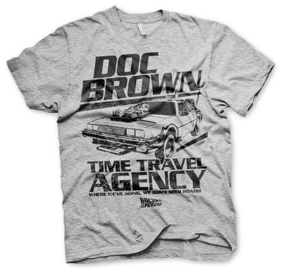 Back To The Future - Doc Brown Time Travel Agency Mens T-Shirt (Heather Grey)