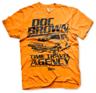 Back To The Future - Doc Brown Time Travel Agency Mens T-Shirt (Orange)