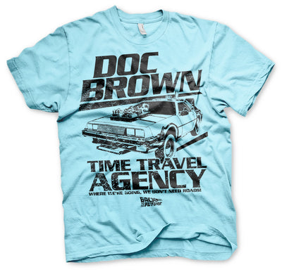 Back To The Future - Doc Brown Time Travel Agency Mens T-Shirt (Sky Blue)