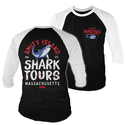 JAWS - Amity Island Shark Tours Baseball 3/4 Sleeve T-Shirt (White-Black)