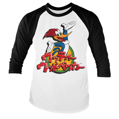 Woody Woodpecker - Washed Japanese Logo Baseball Long Sleeve T-Shirt (White-Black)