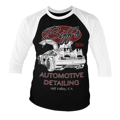 Back To The Future - Biff's Automotive Detailing Baseball 3/4 Sleeve T-Shirt (White-Black)