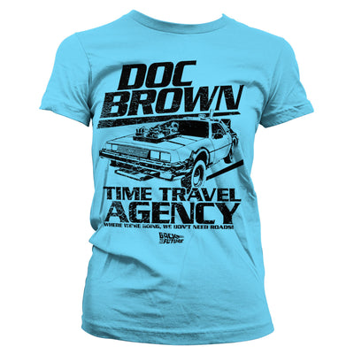 Back To The Future - Doc Brown Time Travel Agency Women T-Shirt (Sky Blue)