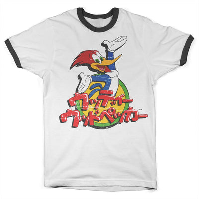 Woody Woodpecker - Washed Japanese Logo Ringer Mens T-Shirt (White-Black)
