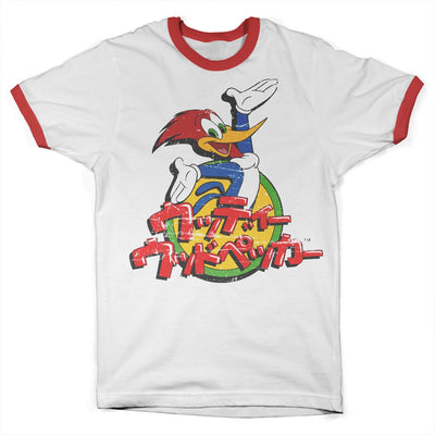 Woody Woodpecker - Washed Japanese Logo Ringer Mens T-Shirt (White-Red)