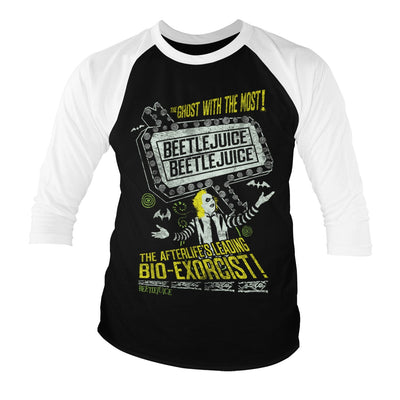 Beetlejuice - The Afterlife's Leading Bio-Exorcist Baseball 3/4 Sleeve T-Shirt (White-Black)