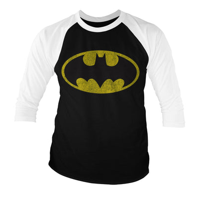 Batman - Distressed Logo Baseball 3/4 Sleeve T-Shirt (White-Black)