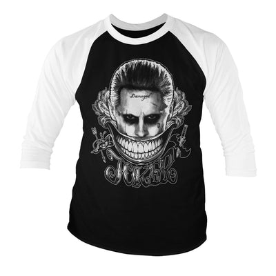 Suicide Squad - Joker - Damaged Baseball 3/4 Sleeve T-Shirt (White-Black)